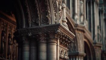 gótico basílica fachada, ornamentado escultura, românico arco gerado de ai foto