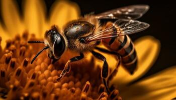 ocupado abelha poliniza amarelo flor dentro verão gerado de ai foto