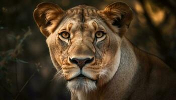 majestoso leoa olhando fixamente, caminhando dentro natural beleza gerado de ai foto