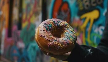 indulgente rosquinha com colorida gelo e chocolate gerado de ai foto