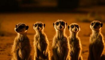 pequeno grupo do suricatos em pé alerta dentro natureza gerado de ai foto