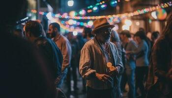 iluminado lanternas luz acima a festivo noite gerado de ai foto