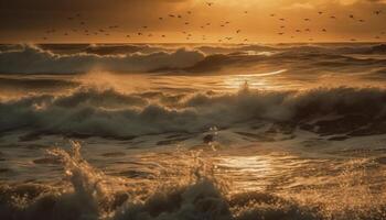 pôr do sol sobre a água, ondas quebra, gaivotas vôo gerado de ai foto