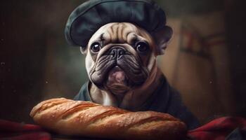 fofa francês buldogue cachorro olhando para gourmet pão gerado de ai foto