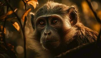 retrato do fofa macaque comendo fruta gerado de ai foto