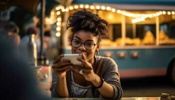 jovem adulto sorridente, segurando inteligente telefone selfie gerado de ai foto