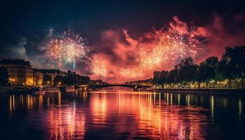 quarto do Julho celebração, fogos de artifício explodindo brilhante gerado de ai foto