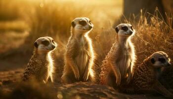 pequeno grupo do suricatos e mangustos em pé alerta gerado de ai foto