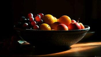 fresco fruta tigela em de madeira mesa, saudável comendo gerado de ai foto