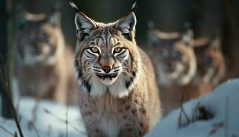 majestoso lince olhando fixamente, focado em inverno presa generativo ai foto