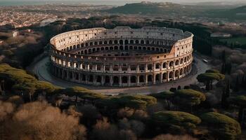 antigo ruínas do Roma fórum iluminado às crepúsculo generativo ai foto