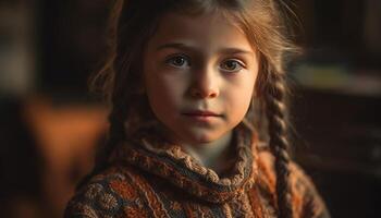 fofa menina com Castanho cabelo sorridente dentro de casa gerado de ai foto