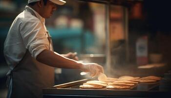 1 homem, uma chefe de cozinha, preparando sobremesa dentro comercial cozinha gerado de ai foto