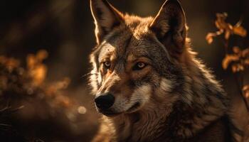 cinzento Lobo olhando ausente, inverno floresta retrato gerado de ai foto