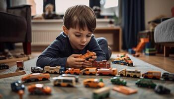 fofa caucasiano criança pequena jogando com brinquedo carro dentro de casa gerado de ai foto