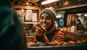 1 jovem mulher sorridente, desfrutando caloroso café gerado de ai foto