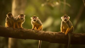 jovem macaco família sentado em árvore ramo gerado de ai foto