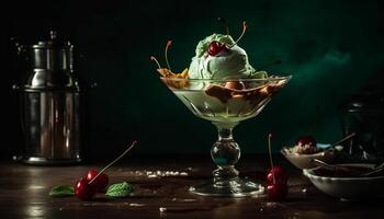 doce baga gelo creme sundae em madeira mesa gerado de ai foto