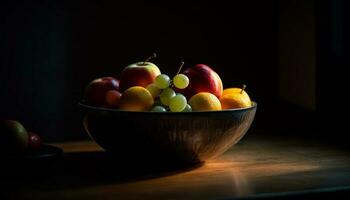 orgânico fruta tigela em de madeira mesa, outono cores gerado de ai foto