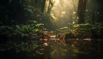 tranquilo cena do molhado lagoa reflete árvore gerado de ai foto