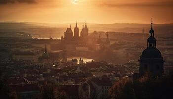 gótico pináculos silhueta antigo basílica às crepúsculo gerado de ai foto