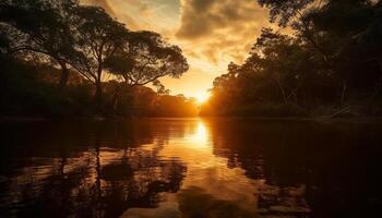 dourado pôr do sol reflete em tranquilo água panorama gerado de ai foto