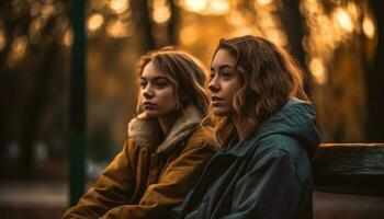 jovem casal abraçando dentro outono floresta beleza gerado de ai foto