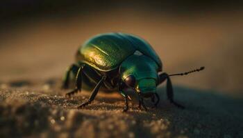 pequeno escaravelho besouro rastejando em verde folha gerado de ai foto