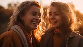 dois jovem mulheres abraçar, sorridente dentro natureza gerado de ai foto