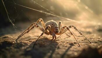 assustador aranha rasteja em orvalhado folha gerado de ai foto