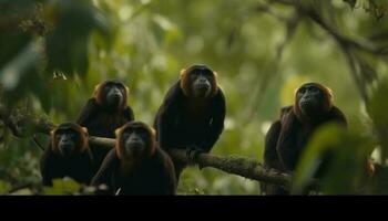 jovem primata família comendo em verde ramo gerado de ai foto