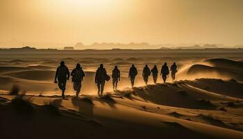 silhueta do homens caminhando em árido duna gerado de ai foto