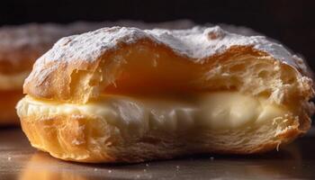 doce pastelaria fatia em de madeira corte borda gerado de ai foto