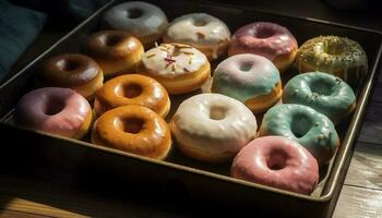 abundância do chocolate rosquinhas dentro caixa gerado de ai foto