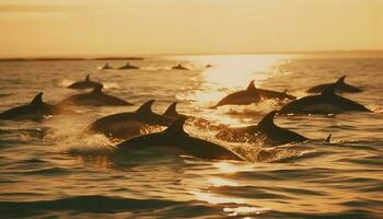 brincalhão golfinhos natação dentro a pôr do sol mar gerado de ai foto