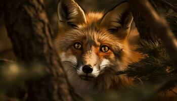 vermelho Raposa olhando fixamente, alerta dentro inverno floresta gerado de ai foto