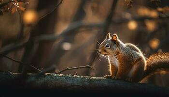 fofo cinzento esquilo comendo em árvore ramo gerado de ai foto