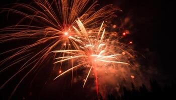 Julho quarto celebração explodindo fogo de artifício exibição ilumina noite gerado de ai foto