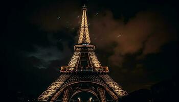 majestoso eiffel torre ilumina Paris às crepúsculo gerado de ai foto