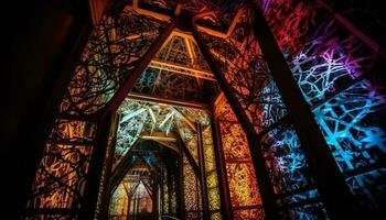 iluminado manchado vidro janela dentro gótico arquitetura gerado de ai foto