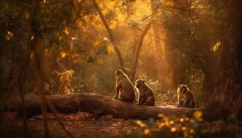 jovem macaque sentado em árvore filial, outono folhas gerado de ai foto