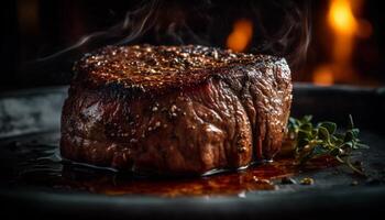 suculento grelhado bife, pronto para comer em rústico prato gerado de ai foto