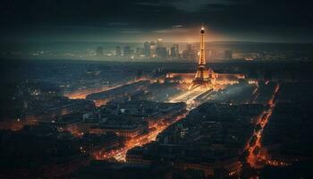 brilhando paisagem urbana às crepúsculo, moderno e futurista gerado de ai foto