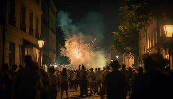 brilhando fogueira ilumina lotado ao ar livre celebração às crepúsculo gerado de ai foto