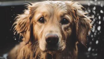 molhado cachorro sentado dentro chuva, olhando fofa gerado de ai foto