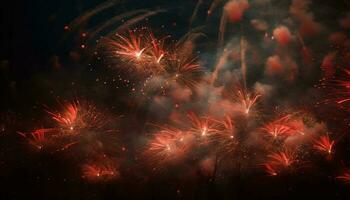 multi colori fogos de artifício explodindo, iluminador Sombrio noite céu gerado de ai foto