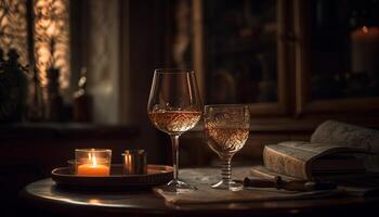 luxo vinho garrafa em rústico de madeira mesa gerado de ai foto