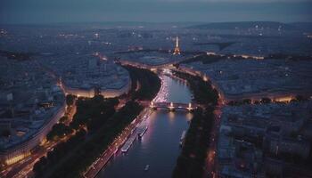 iluminado cidade Horizonte reflete em calma água gerado de ai foto