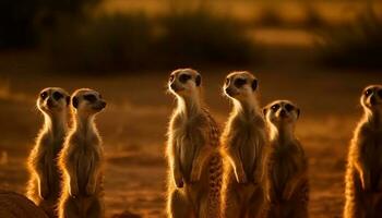 pequeno grupo do suricatos em pé alerta dentro natureza gerado de ai foto