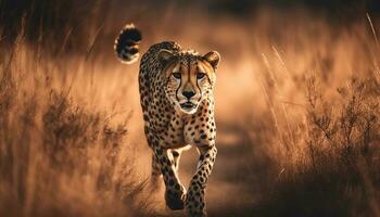majestoso guepardo caminhando dentro africano região selvagem às crepúsculo gerado de ai foto